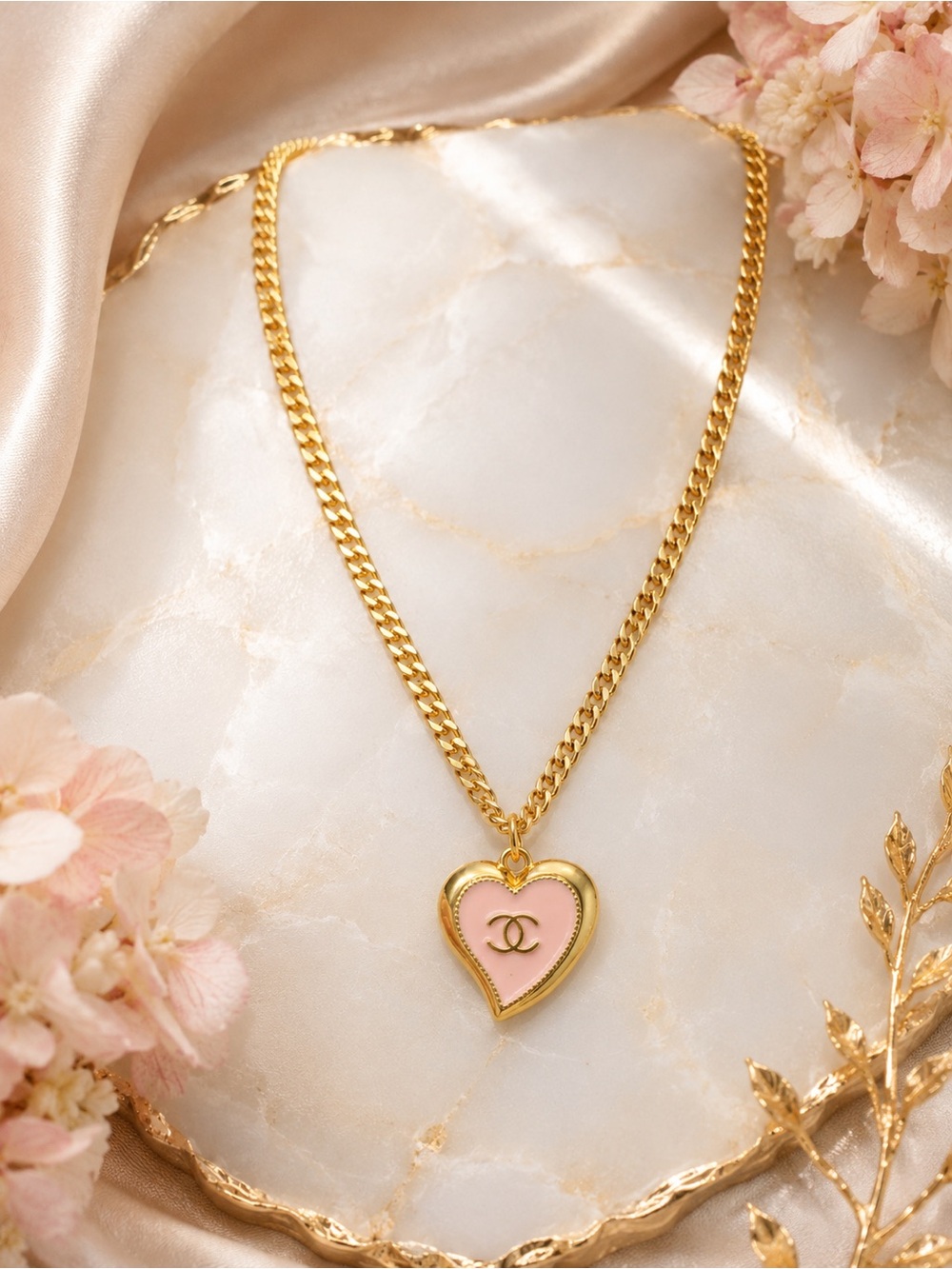 Hand-Assembled 18K Gold-Filled Pink Heart Pendant Curb Chain Necklace | 16” - Picture 2 of 5